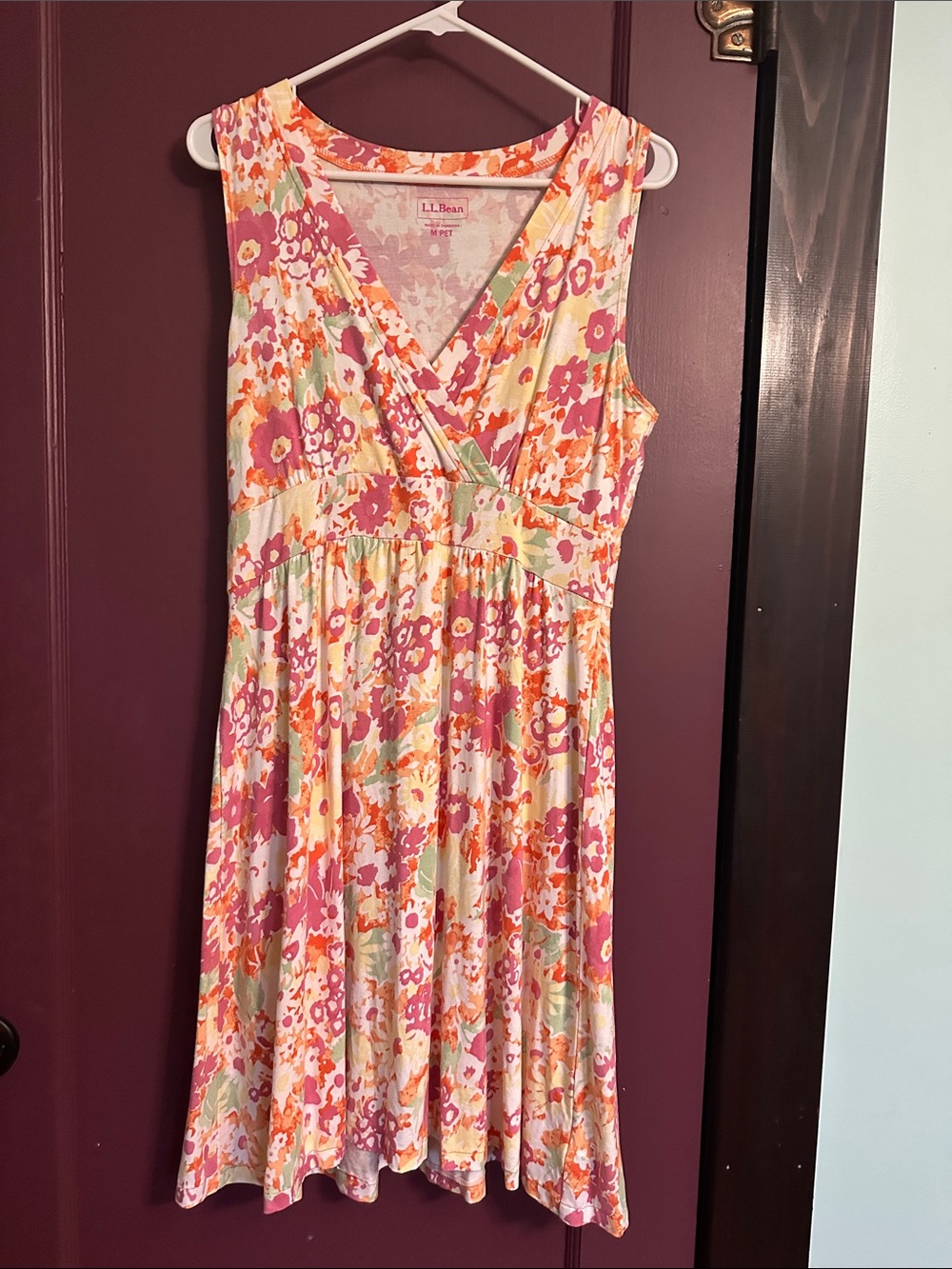L.L. Bean Floral Sleeveless Jersey Dress in Pink, Orange & Green